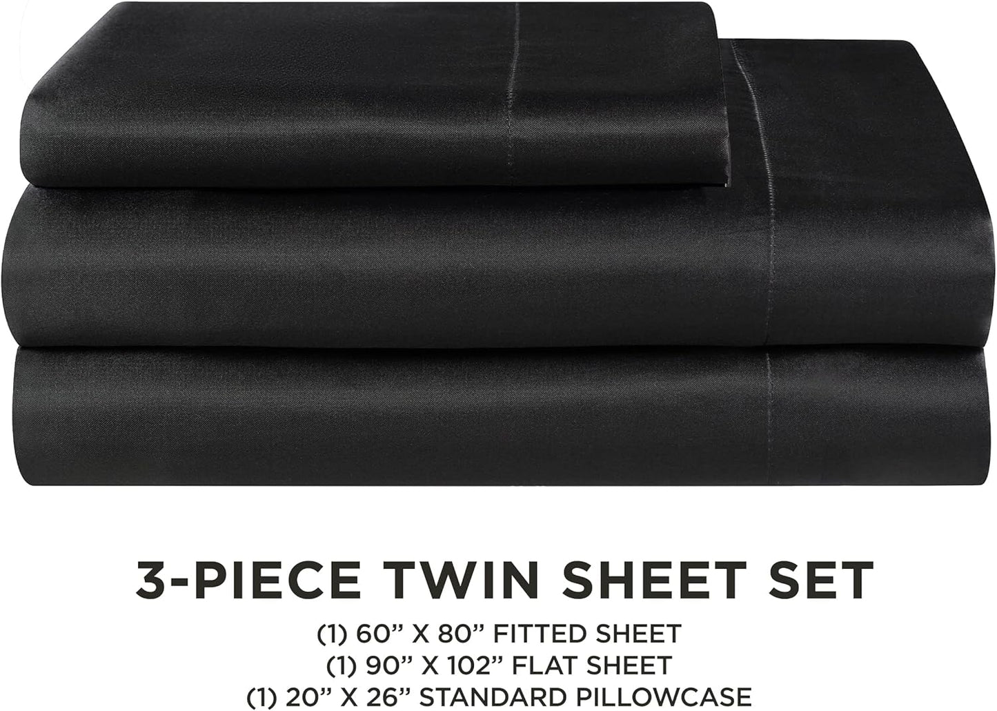Juicy Couture Twin Satin Bed Sheet Set - Deep Pocket Silky Sheets, Wrinkle Resistant | Black