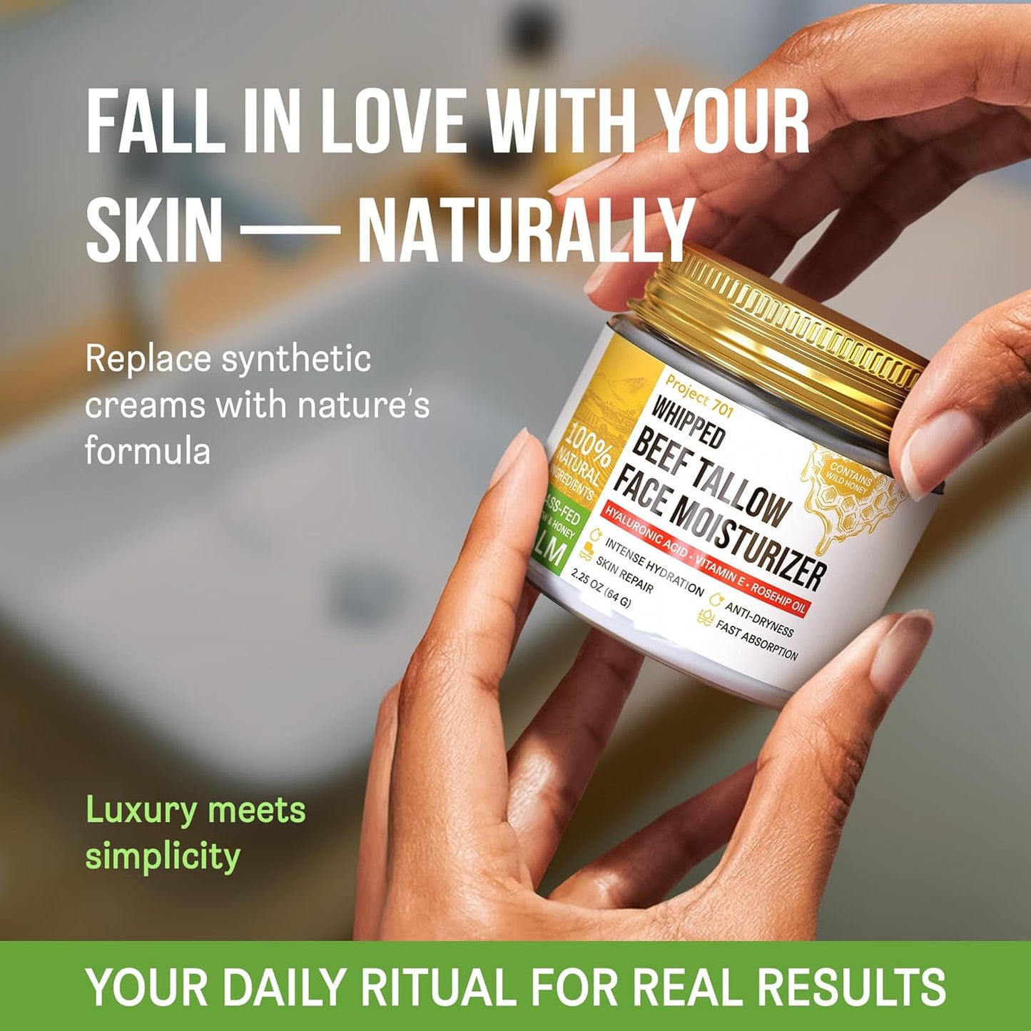 Beef Tallow Face Cream - All-Natural Moisturizer with Honey & Hyaluronic Acid | 2.25 oz for Dry, Sensitive Skin