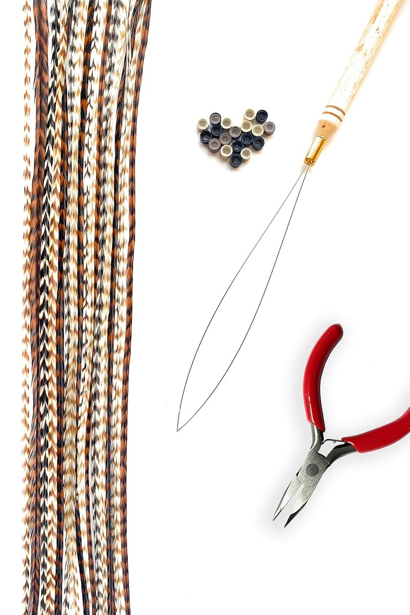 Natural Hair Feathers Kit - Real Rooster Feather Extensions for DIY Styling | Long Natural Colors, Pliers & Beads