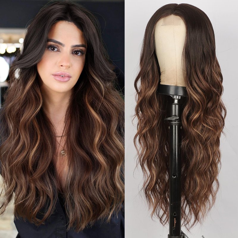 XIXIBI Long Brown Wigs for Women Ombre Brown with Blonde Highlights Wavy Wig Synthetic Middle Part Natural Looking Heat Resistant Wigs for Daily Party Use