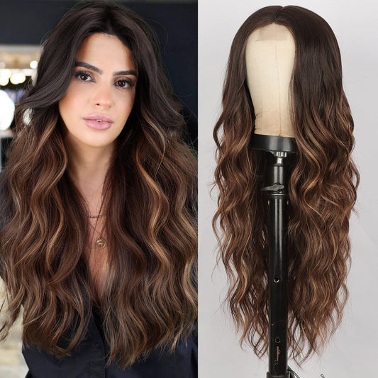 XIXIBI Long Brown Wigs for Women Ombre Brown with Blonde Highlights Wavy Wig Synthetic Middle Part Natural Looking Heat Resistant Wigs for Daily Party Use