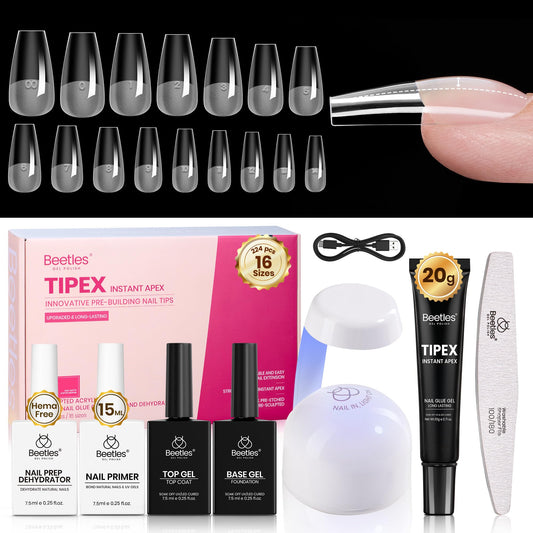 Beetles Tipex Instant Apex Nail Tips Kit with Dehydrator & Primer, Medium Coffin, 224PCS 16 Sizes, Reinforced Apex for Strong Long-Lasting Wear, 20g Solid Nail Glue, Mini UV Lamp, Base & Top Coat