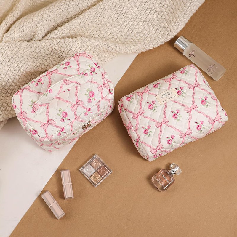 Large Quilted Makeup Bag - Cotton Floral Toiletry Bag for Women | Cute Kawaii Travel Cosmetic Organizer (Pink Bows)