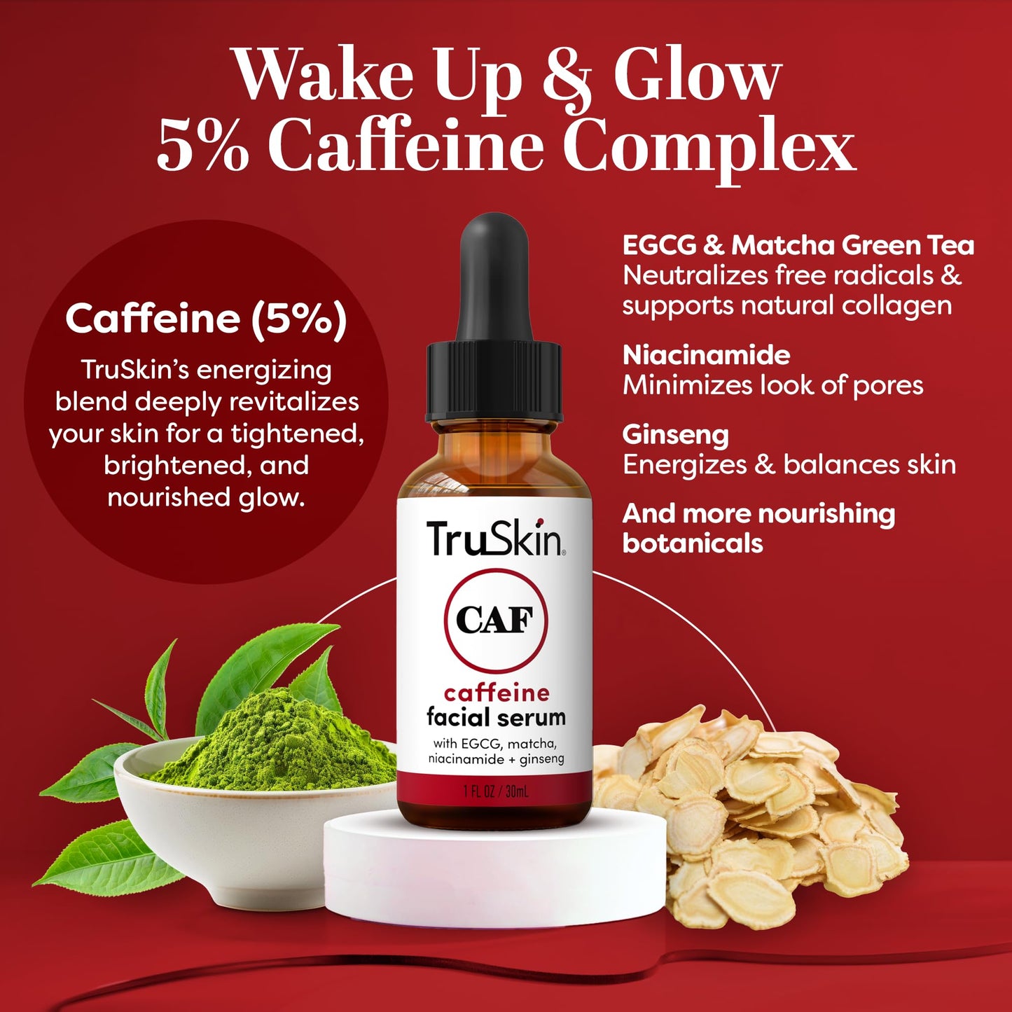 TruSkin Caffeine Face & Eye Serum - Energizing 5% Caffeine Serum with EGCG Niacinamide Matcha and Ginseng - Improve Look of Under Eye Dark Circles and Puffiness, 1 fl oz