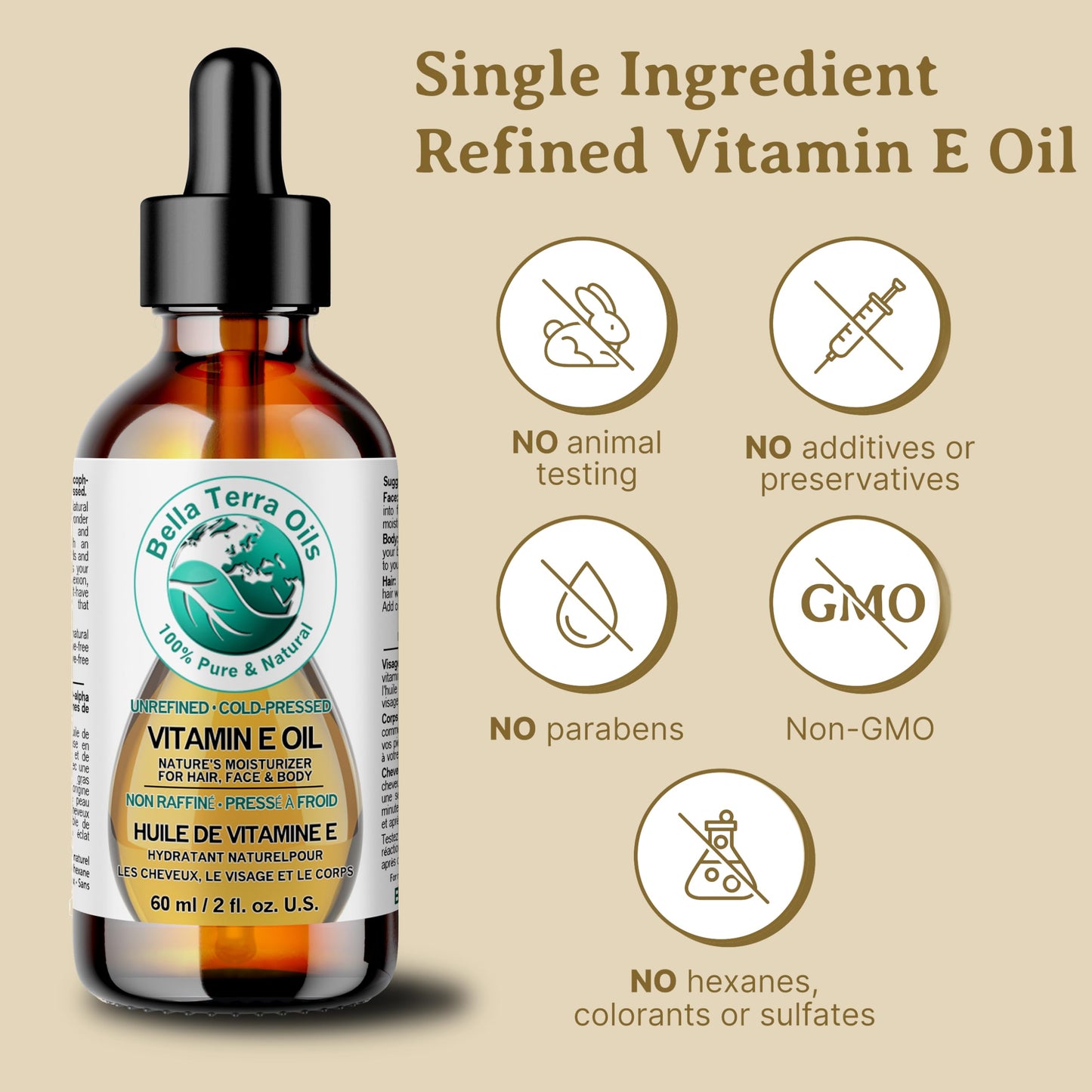 Bella Terra Oils Natural Vitamin E Oil 4oz – Wheat Germ Derived D-Alpha Tocopherol Oil for Face, Body & Hair