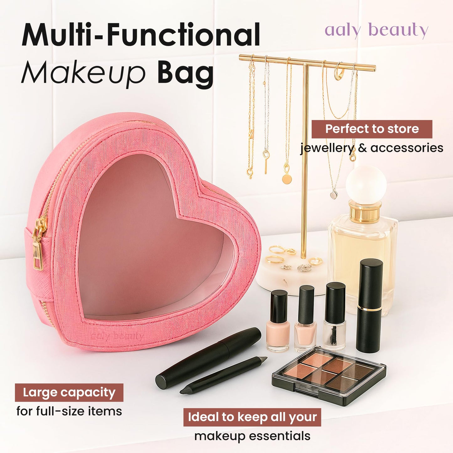 Aaly Beauty Heart Makeup Bag – Pink Heart Cosmetic Bag with Clear Cover – Gift Ideas for Women, Mom, Girlfriends, Her - Large Capacity for Full Size Makeup, Skincare and Brushes