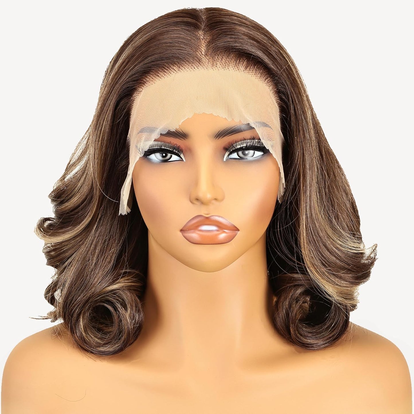 **SOKU 13x6 Lace Front Wavy Wig - 12 Inch Short Synthetic Wig for Black Women | Highlight Brown, Pre-Plucked, Glueless**