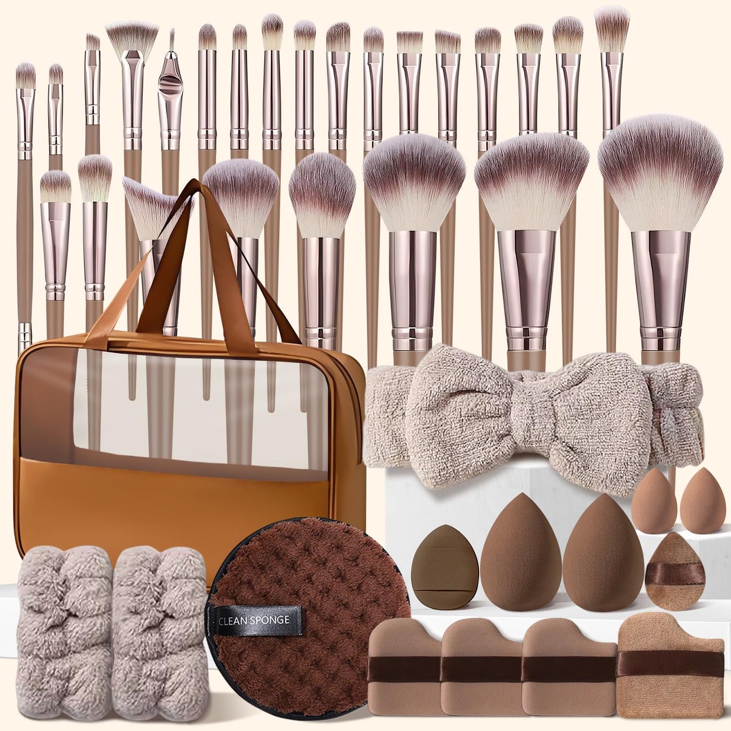 40Pcs Brown Makeup Brush Set - Professional Synthetic Brushes for Blush, Foundation, Eye Shadow & Concealer | Includes Beauty Blender Sponge