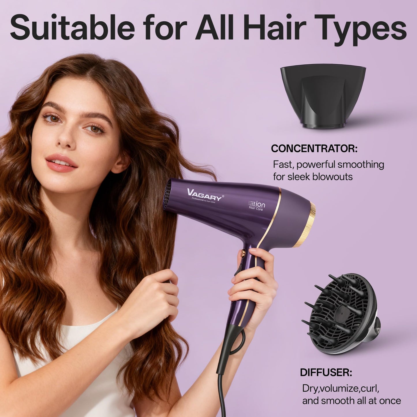 VAGARY Hair Dryer with Diffuser Concentrator, 2200W Professional Salon Ionic Blow Dryer for Frizz Free Smooth Hair, Featuring 2 Speeds and 2 Heat Settings, Cool Shot Button（Purple）