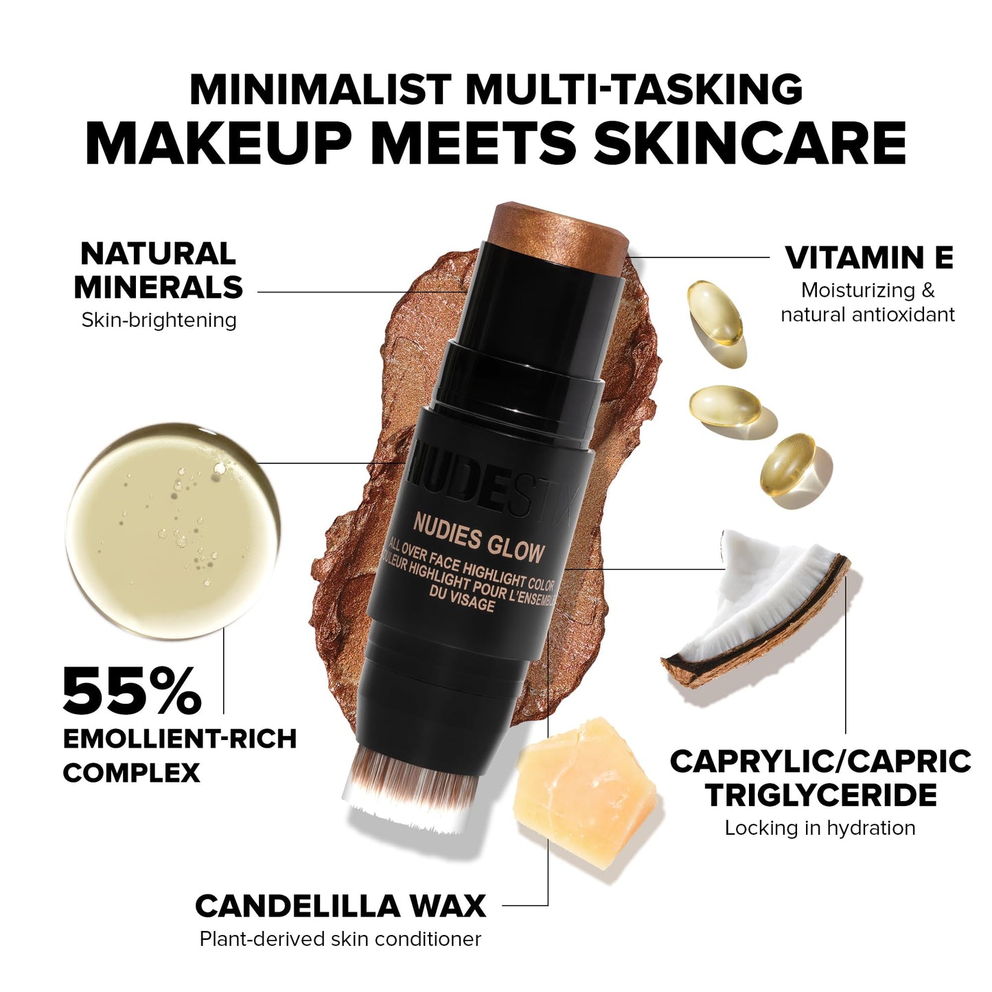Nudestix Nudies Glow Highlighter Stick – Multi-Use Cream Highlighter for Face, Eyes & Body with Built-In Brush | Dewy, Radiant Finish for All Skin Tones | Hey Honey