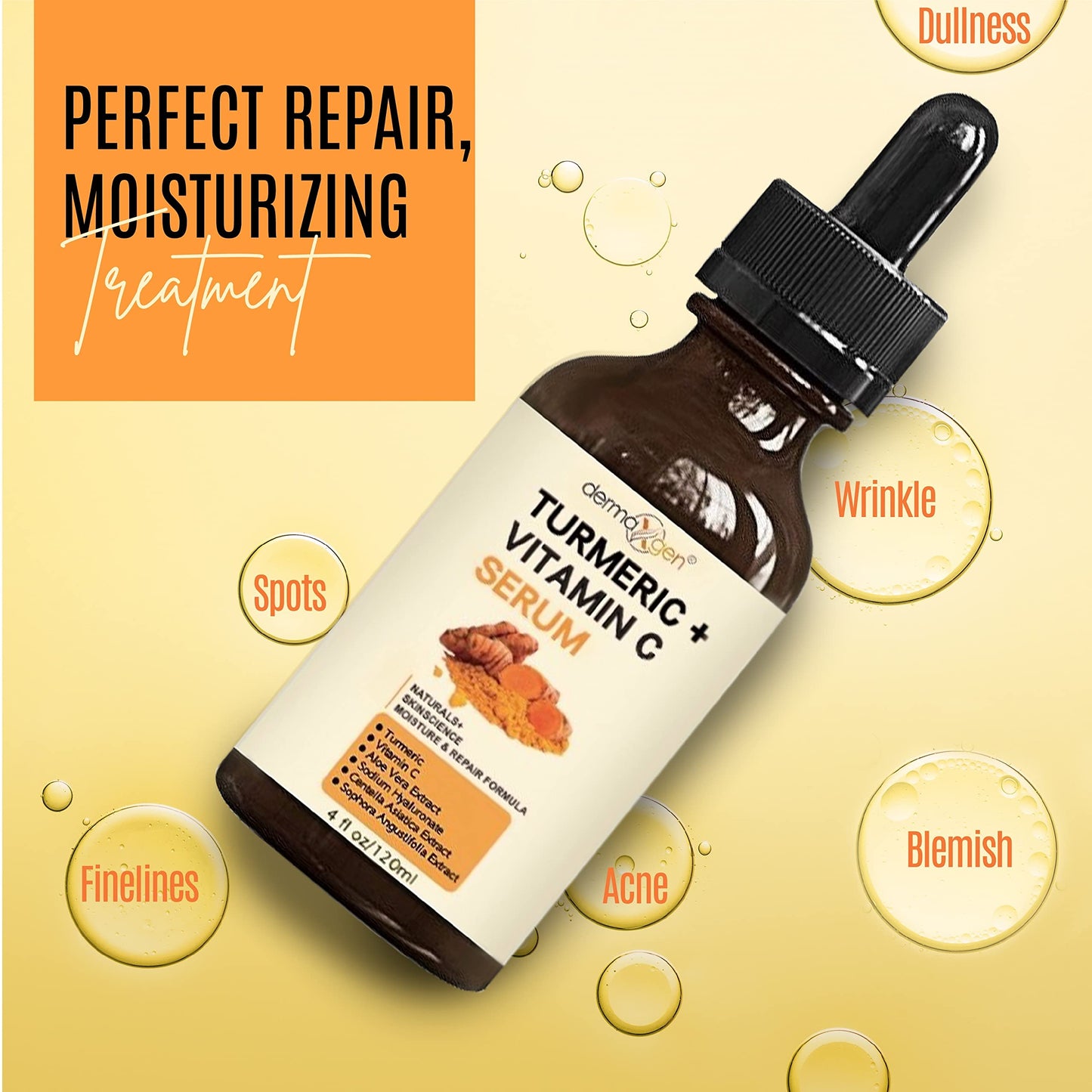 Turmeric Serum for Face + Glow-Boosting Vitamin C Serum –Organic Moisturizer for Acne, Dark Spots & Clear Skin– Boosts Hydration for Dry & Tired Skin – Anti-Aging Formula for Glowing Skin, 4 FL OZ