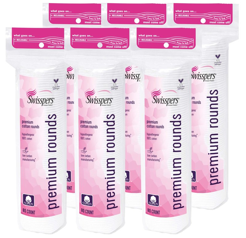 Swisspers Premium Cotton Rounds, Hypoallergenic, 80 Count, Pack of 6 (480 Rounds Total)