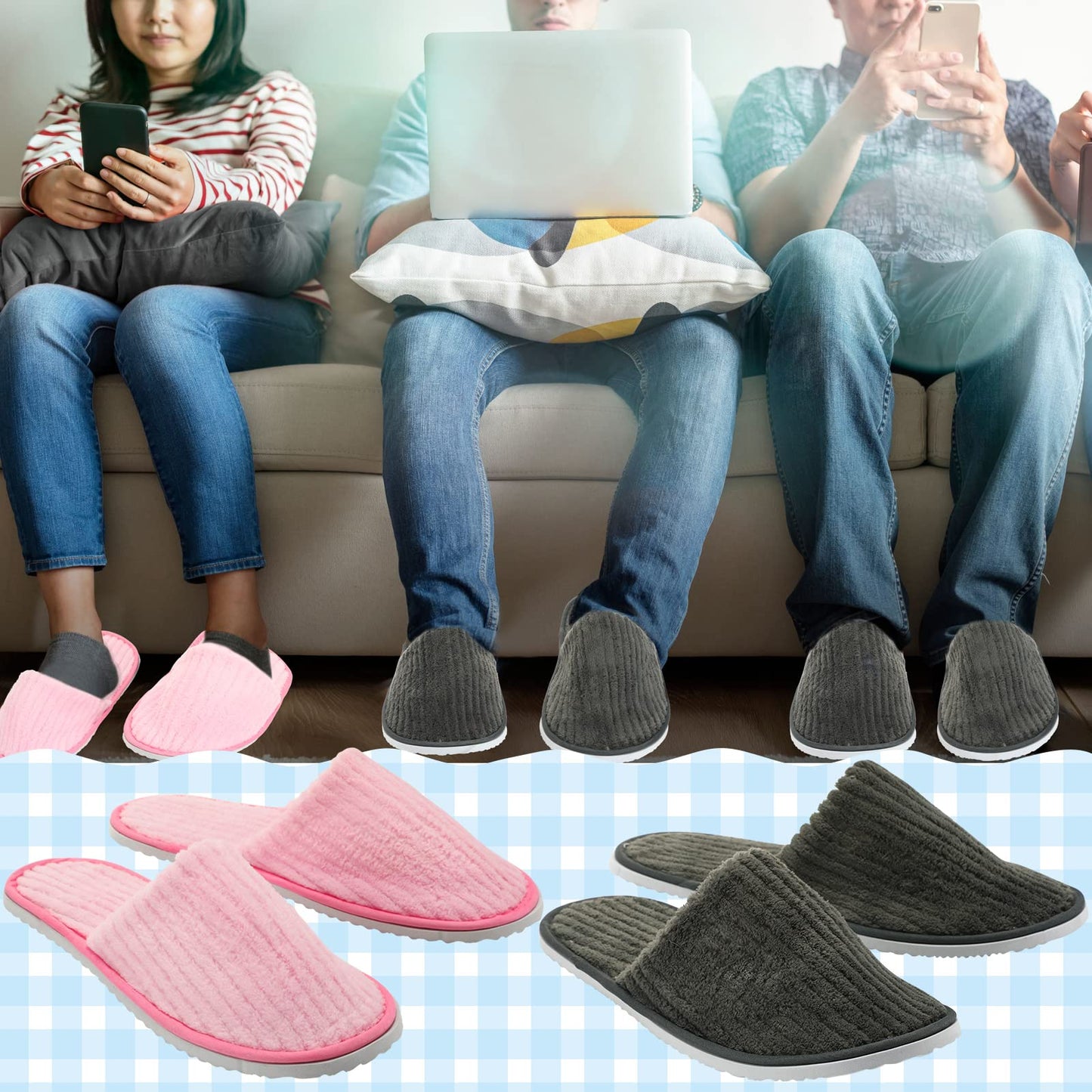 Zhehao 10 Pairs House Slipper for Guest Disposable Slippers Bulk for Travel Non Slip Washable Reusable Women Men Soft Cotton Spa Hotel House Slipper for Wedding Party Home Indoor(Pink, Gray)