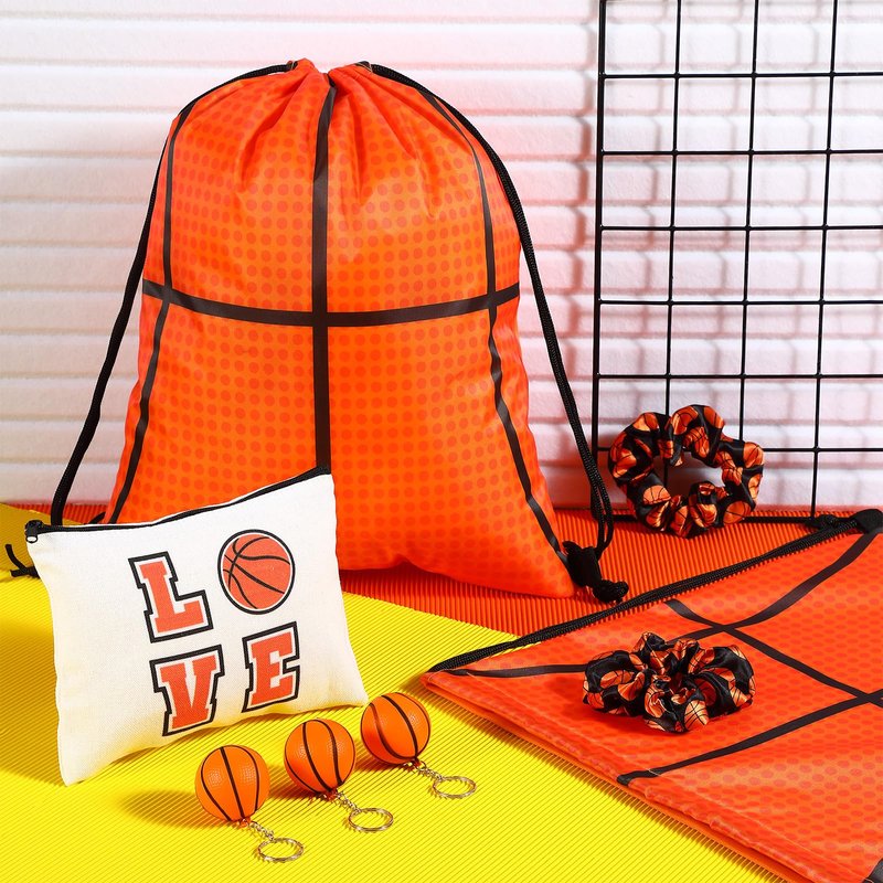 Locmeo 60 Pcs Basketball Party Favors Include 12 Drawstring Bags 12 Makeup Bags 12 Decompression Keychains 12 Basketball Charm Bracelets 12 Hair Scrunchies for Team Women(White)