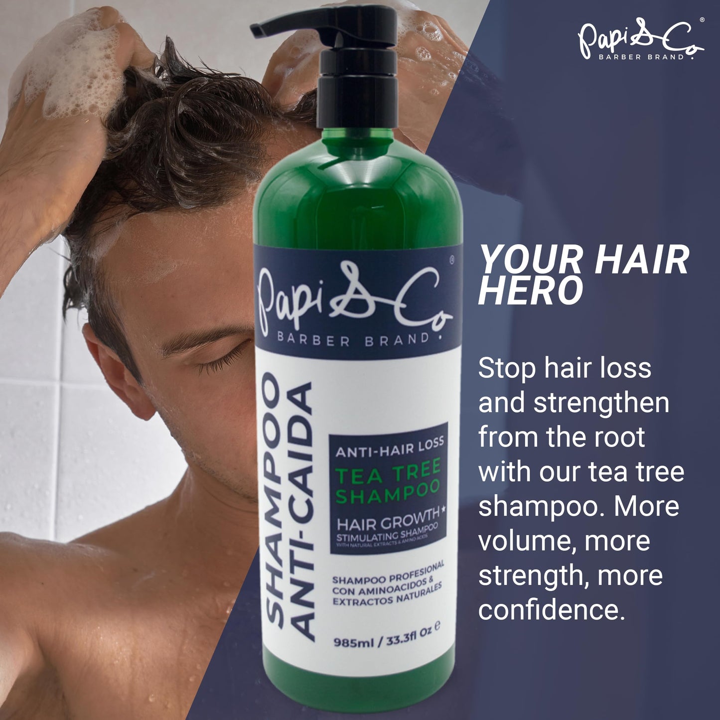 Papi & Co. - Revitalizing Tea Tree Anti Hair Loss Shampoo, Hair Regrowth for Men, Tea Tree Oil Men’s Shampoo with Natural Oil Extracts, 985 mL