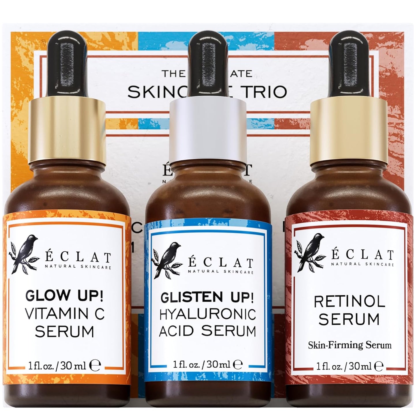 Eclat Skincare Face Serum Set | Vitamin C, Retinol & Hyaluronic Acid for Hydration & Anti-Aging | 3 Pack Brightening Facial Serums