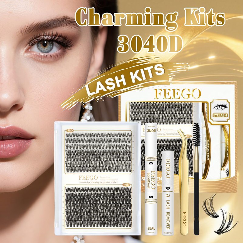 FEEGO Charming Kits 30D+40D D Fluffy Eyelash Extensions Kit, 280pcs Lash Clusters Wispy 9-16mm Applicator for Beginners, Individual Lashes, Lash Bond, Seal Glue, Remover (3040D Charming Kit)