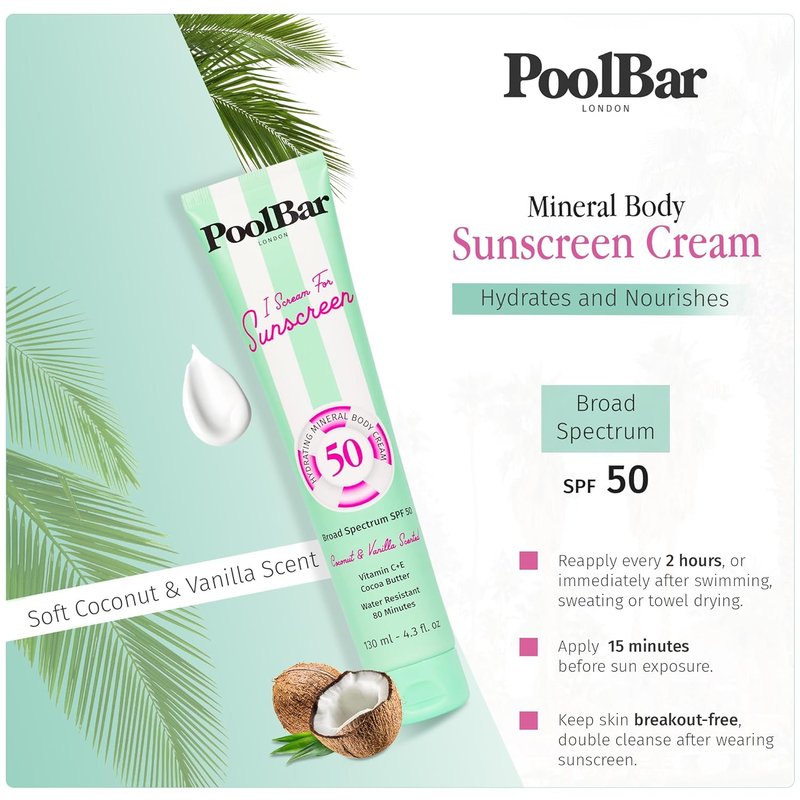 Hydrating Mineral Body Sunscreen SPF 50 - Coconut Vanilla Scent, Vegan & Water Resistant | 130 ml (4.3 Fl. Oz)