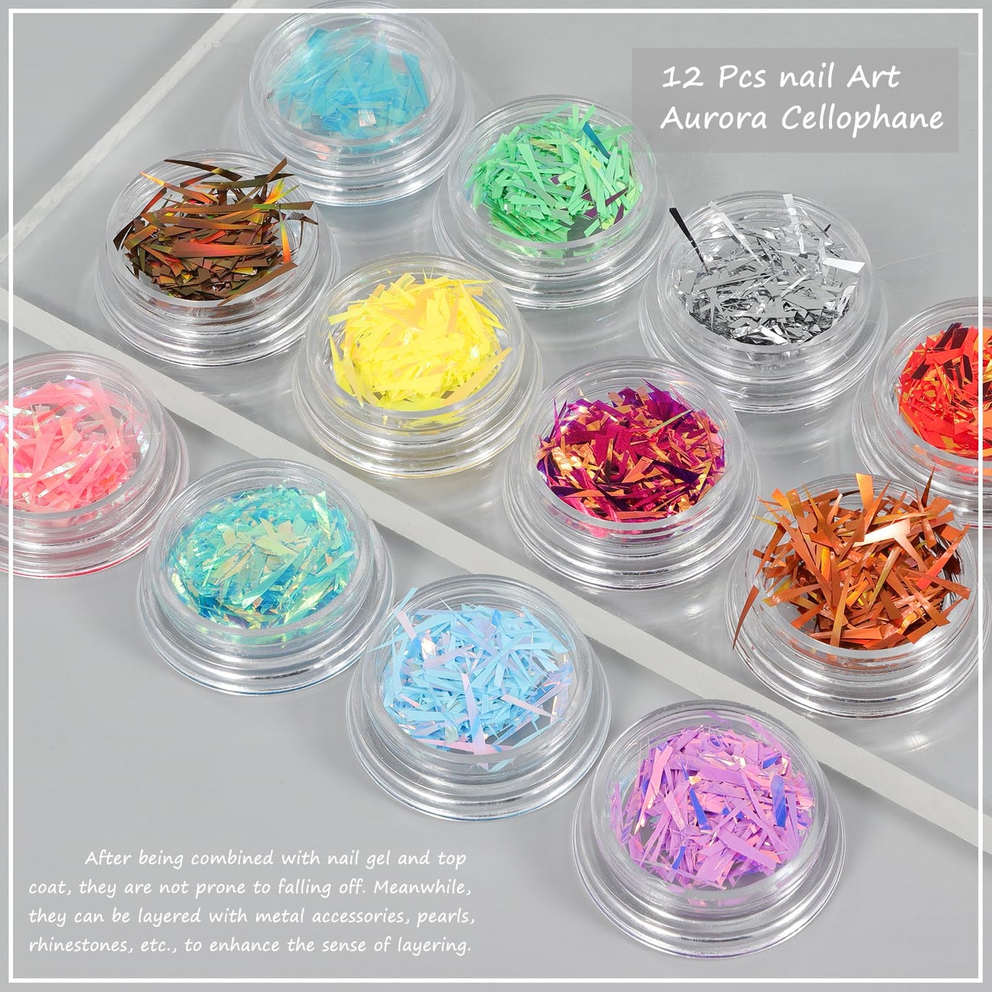 JERCLITY 12 Boxes Gradient Aurora Glass Paper Nail Sticker Foil Nail Art Holographic Colorful Glass Reflective Mirror Design Broken Glass Stripe Line Paper Nail Decals Cellophane Films Foils for Nails