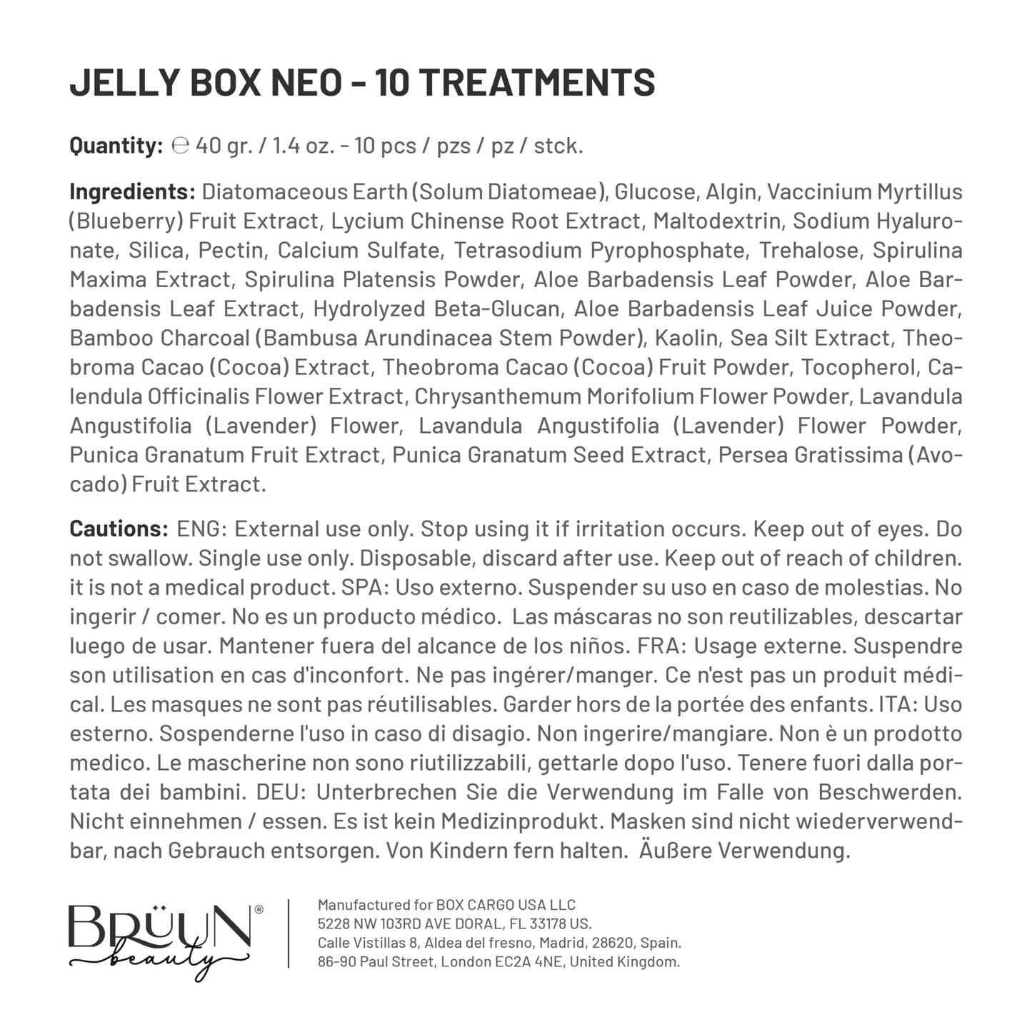 BRÜUN Peel-Off Jelly Mask Rubber Mask NEO Set - 10 Treatments (Chocolate, Aloe Vera, Avocado, Bamboo Charcoal, Calendula, Sea Mud, Pomegranate, Chlorella, Blueberry and lavender)