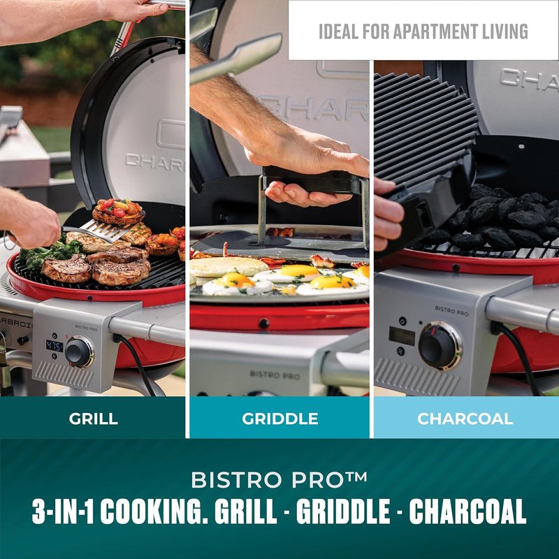 Charbroil 3-in-1 Dual Fuel Outdoor Electric Grill & Griddle | Charcoal BBQ Mode, Red