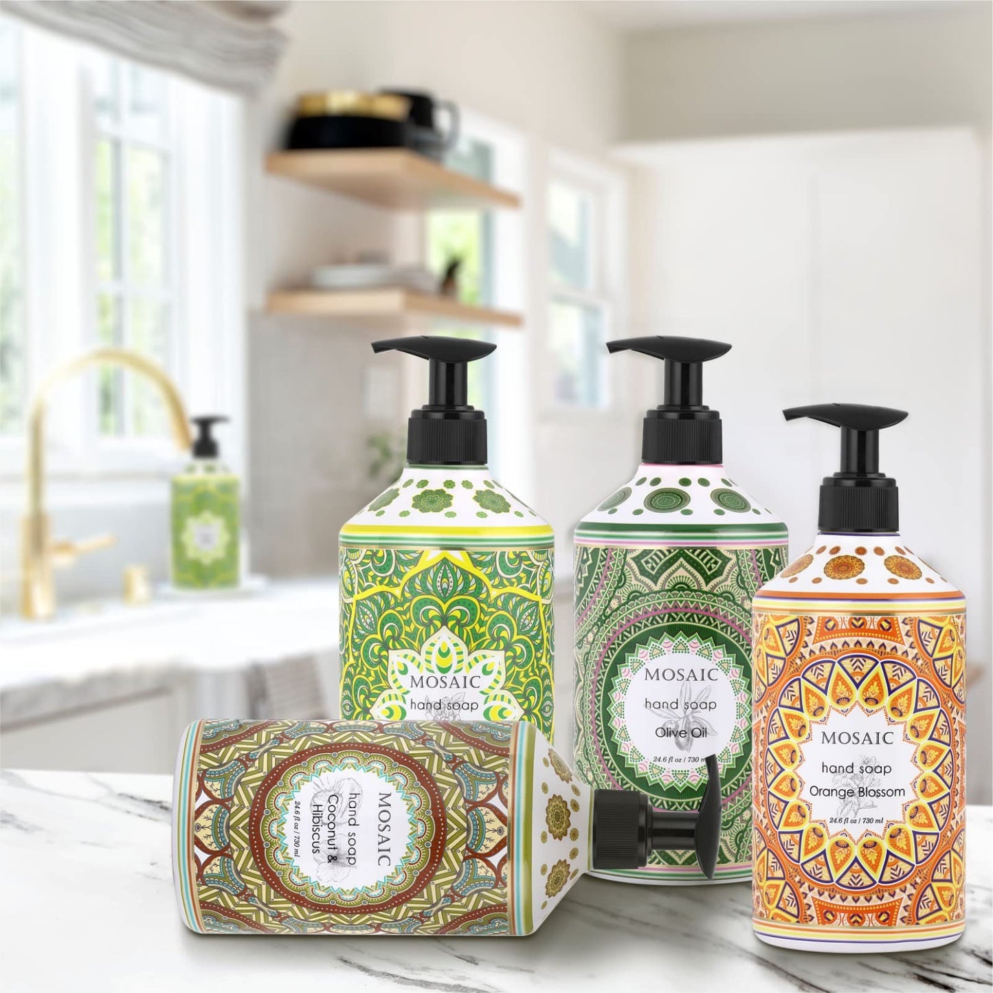Mosaic Liquid Hand Soap / Hand Wash Gift Set, Ideal for Bathroom and Kitchen Hand Soap Set , Olive Oil + Coconut & Hibiscus + Gardenia + Orange Blossom, 4 x 24.6 fl oz Each Liquid Soap Bottle