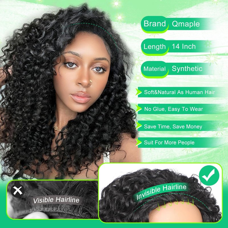 Qmaple Half Wig Synthetic Hair 3 In 1 Curly Half Wig With Adjustable Drawstring Seamless Flip For Beginner Friendly Water Wave For Black Women (Black 14 Inch)