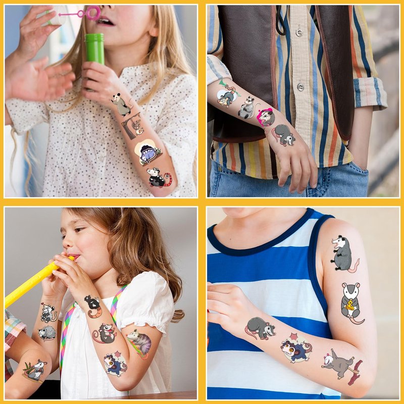 16 Sheets Possum Temporary Tattoos, Fun Opossum Stickers for Kids, Party Favors, Birthday Decorations, Classroom Rewards