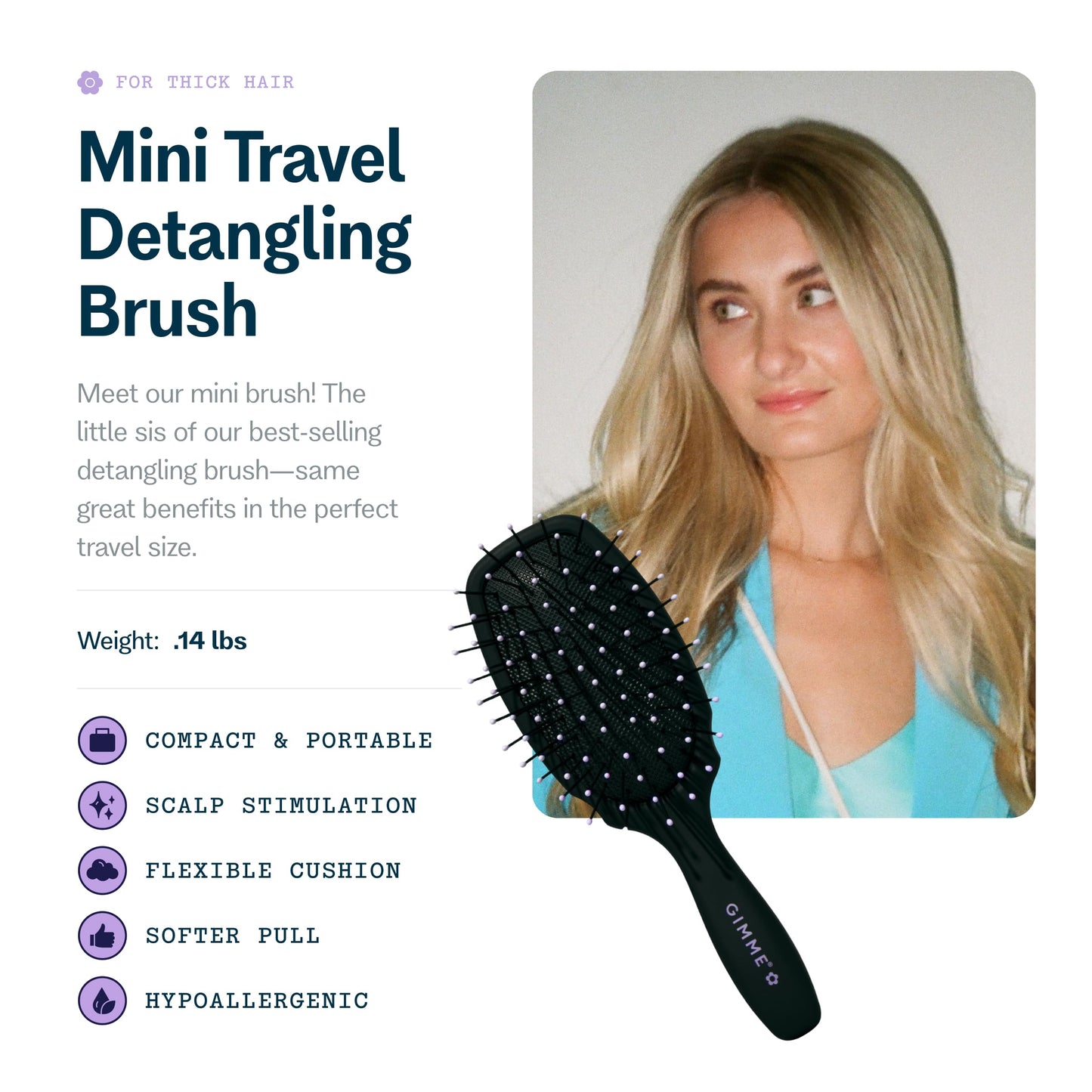 Gimme Hair Brush - Mini Travel Detangler Brush for Thick Hair with Anti-Static, Heat-Resistant & Flexible Nylon Bristles - Hair Tools for Women, Teens & Girls, Black