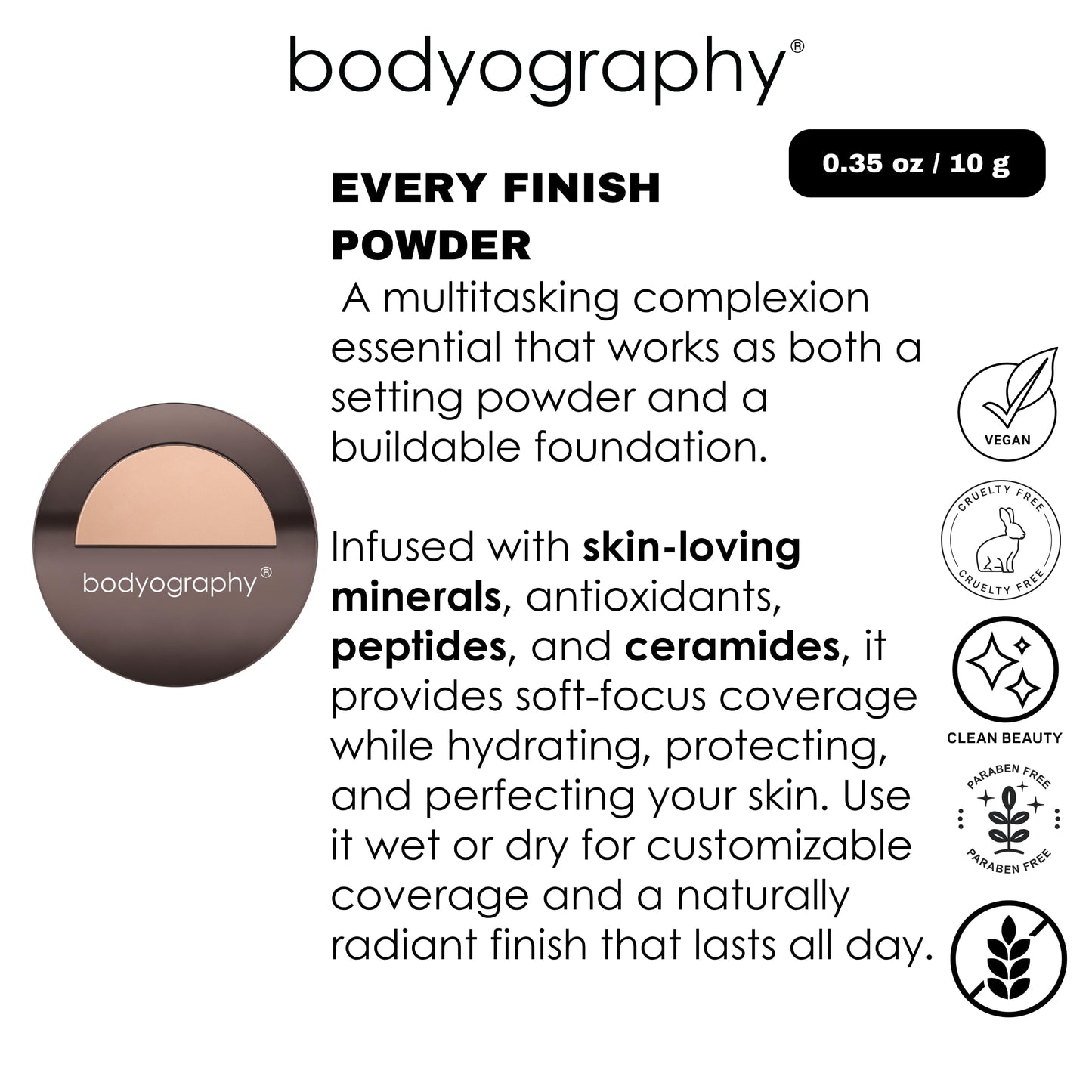 Bodyography Every Finish Micro-Fine Pressed Powder, Dark | Multipurpose Face Powder with Ceramide 2 and Dermaxyl | Lightweight, Silky Texture | For Smooth, Flawless Skin