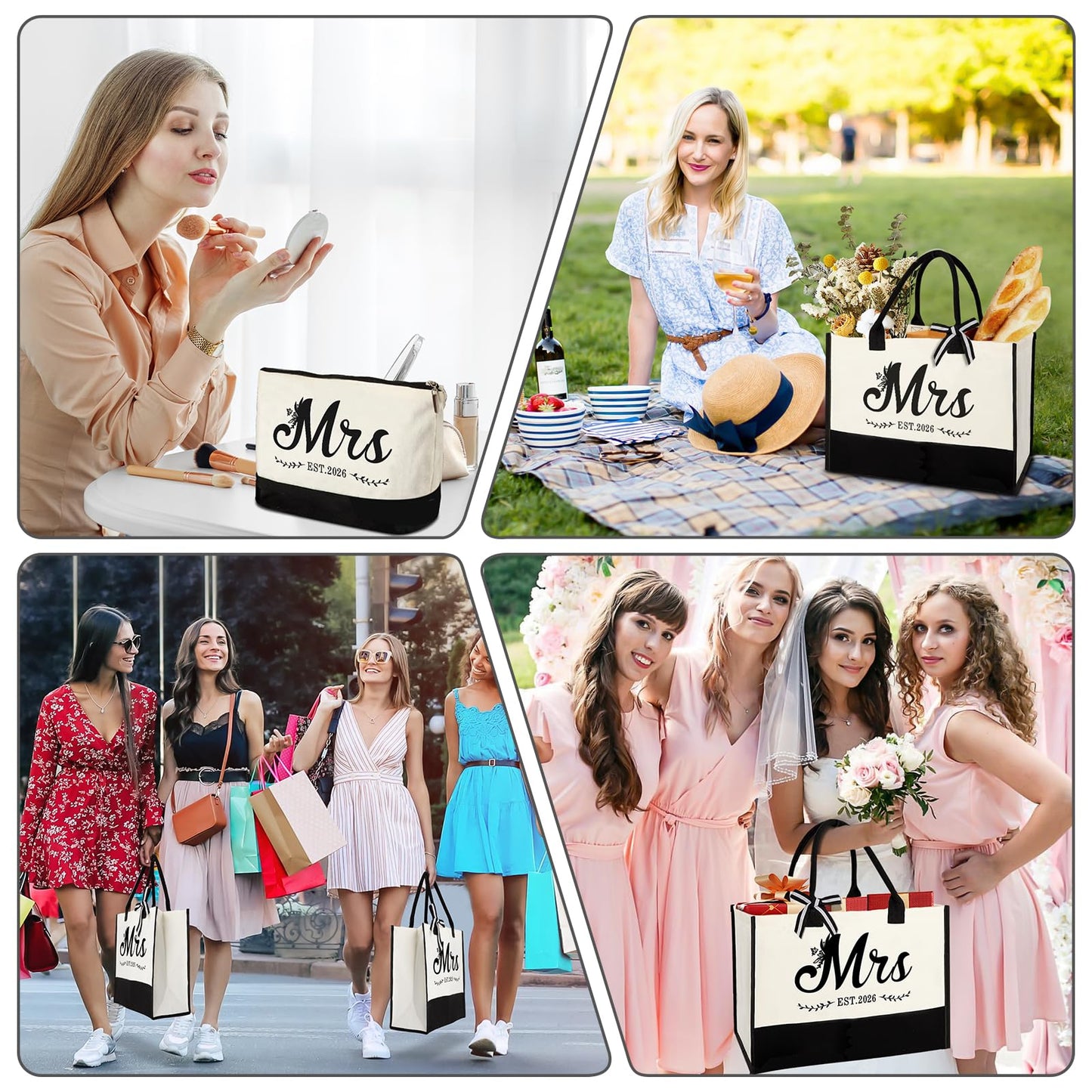 Mrs 2026 Bride Canvas Tote Bag with Makeup Bag, Wedding Bridal Shower Gifts