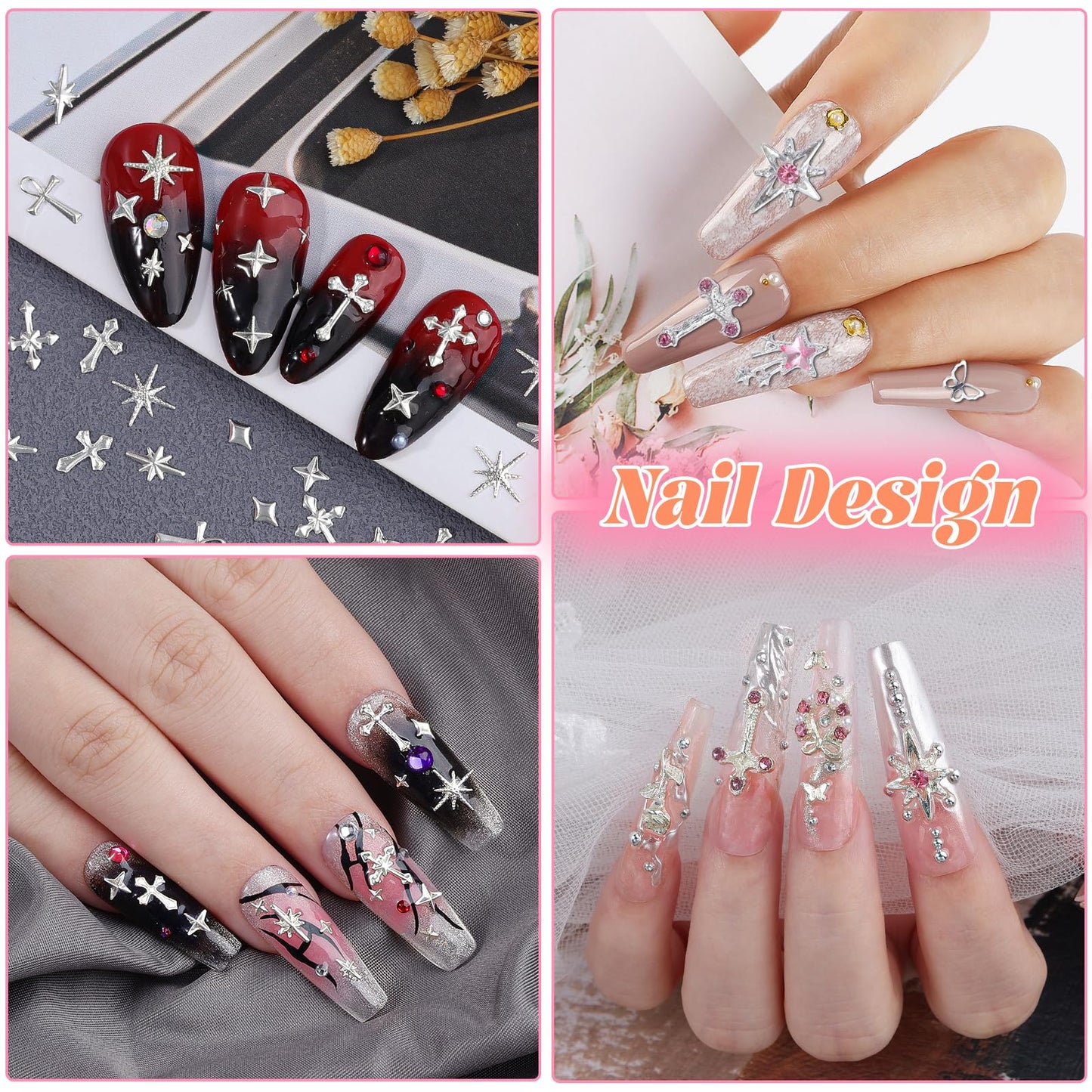 5Boxes Silver Nail Charms and Gems Kit, 3D Metal Flower Heart Bow Cross Star Nail Studs Charms for Nails Design, Pink White Flatback Rhinestones and Pearls Mini Caviar Beads with Tweezers for Nail Art