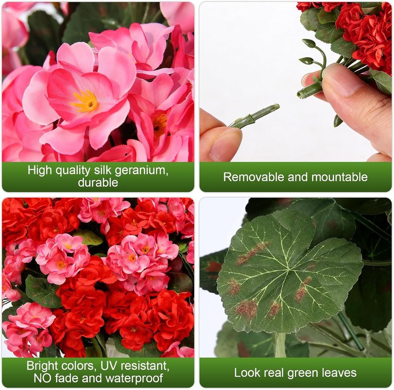 Artificial Geranium Flowers - 8 Bundles UV Resistant Fake Plants | Red & Pink for Outdoor Decor, Home & Garden