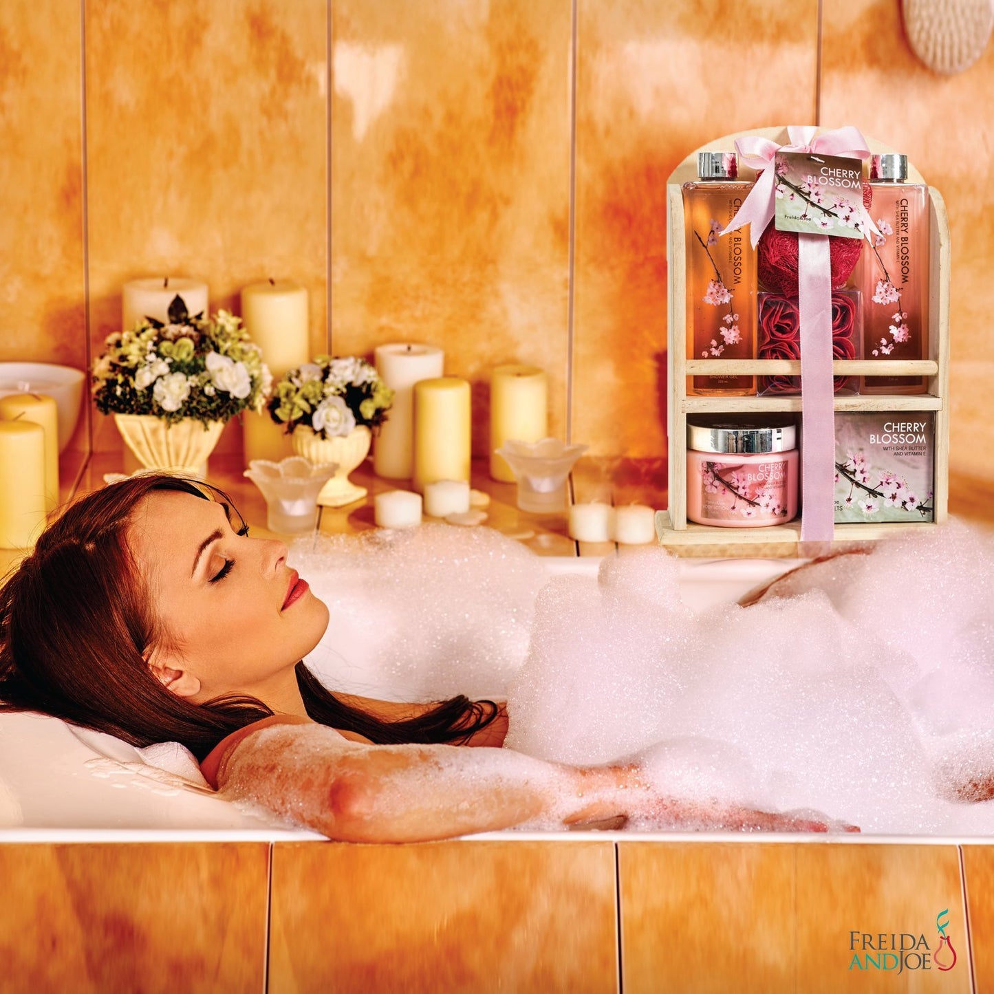 Deluxe Cherry Blossom Spa Basket | Home Spa Set with Bubble Bath, Bath Salts & Rose Soaps - Perfect Mother's Day Gift for Mom