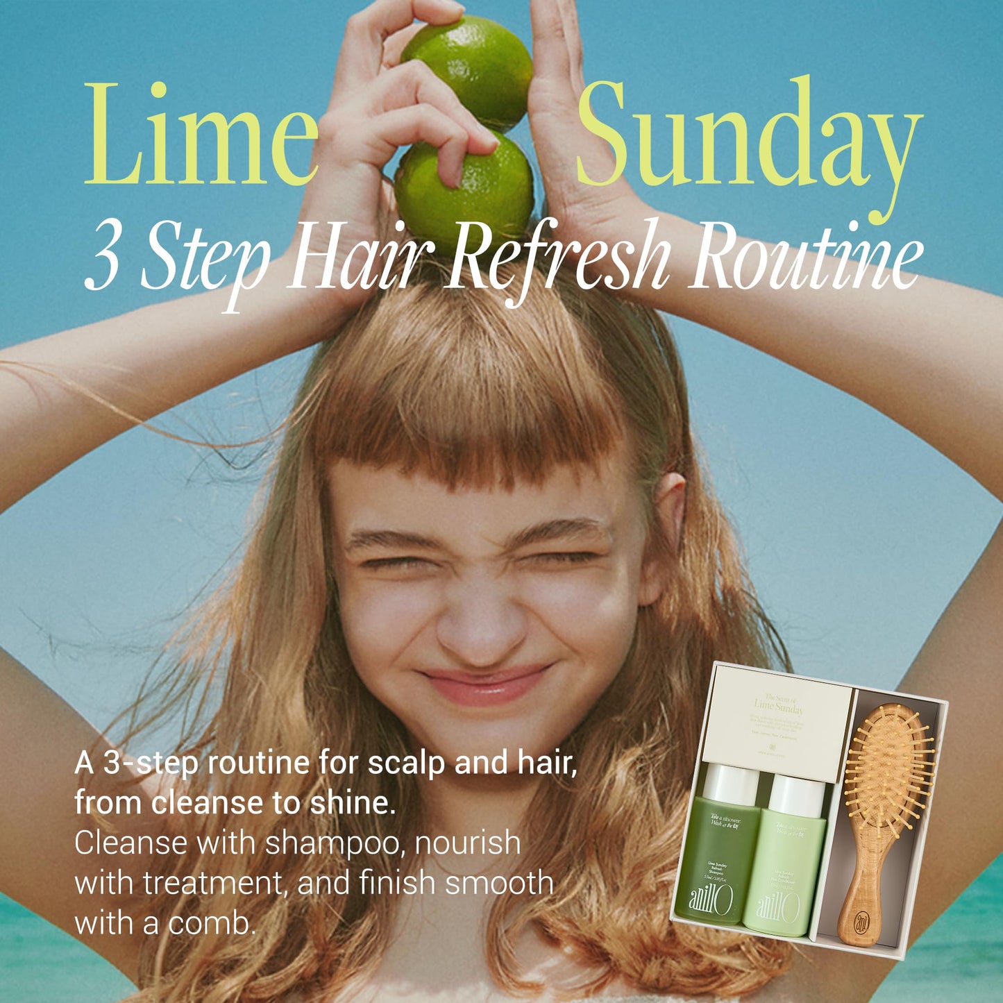 anillO Lime Sunday Refresh Hair Shampoo & Conditioner with Brush Set - Deep Cleansing & Damage Repair Korean Hair Care with Tangerine, Proteins & Ceramides - Silicone & Sulfate Free (2EA, 1.85 fl oz)
