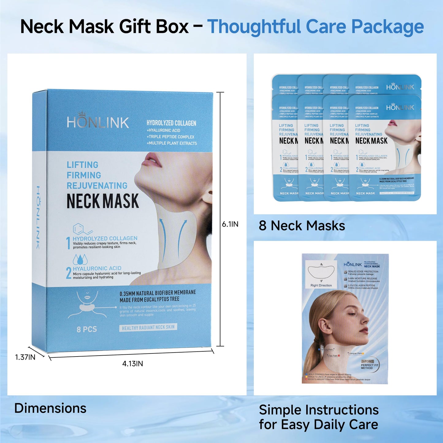 HONLINK Collagen Neck Mask, Hydrating Neck Care Masks with Hyaluronic Acid, Collagen & Peptides, Moisture Support for Soft & Smooth Looking Neck Skin, 8 Individually Packed Masks