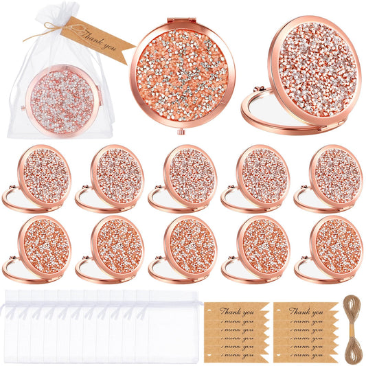 Beeveer 12 Sets Small Compact Mirror Round Pocket Makeup Mirror with Thank You Tags, Twine, Organza Bags Magnifying Rhinestone Cosmetic Mirror for Purse Women Girls (Classic Colors)