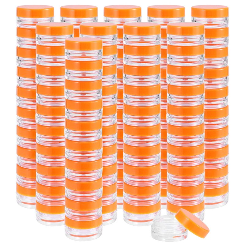 JOIKIT 200 Pack 3 Gram Jars with Orange Lid, 3ML Empty Clear Plastic Makeup Sample Containers, Cosmetic Sample Jar for Lotion, Cream, Eye Shadow, Lip Balms