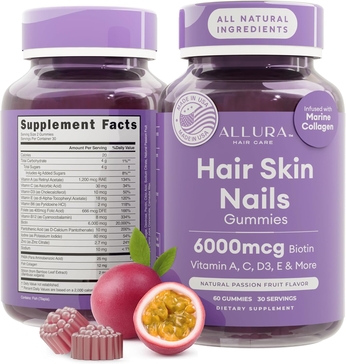 Hair Skin and Nails Vitamins - Extra Strength 6000mcg Biotin Gummies with Marine Collagen | Passion Fruit, 60ct for Healthy Hair Growth