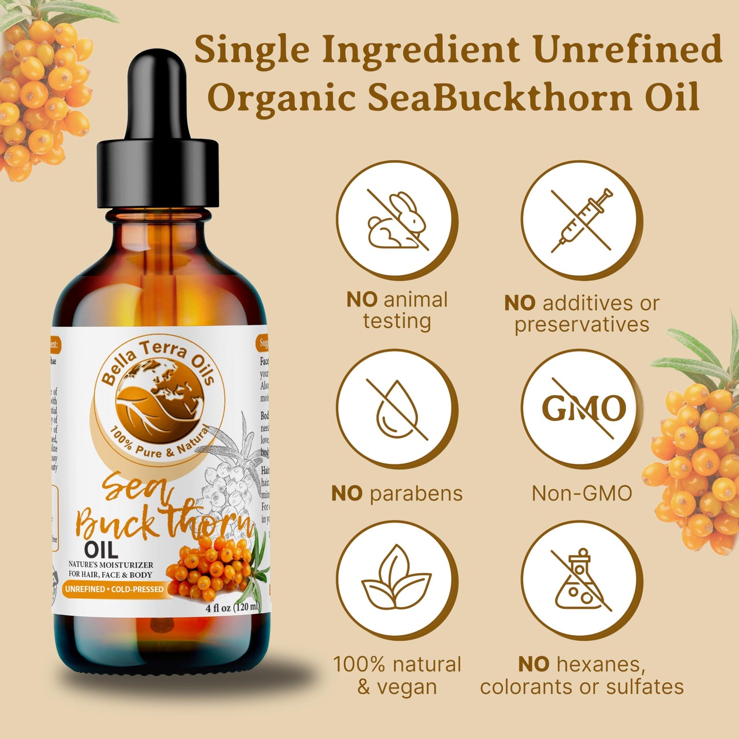 Bella Terra Oils - Natural Sea Buckthorn Oil 8oz - Cold-Pressed Treasure, Bursting with Omega-3 & Omega-6, A Radiant Glow in Every Bottle