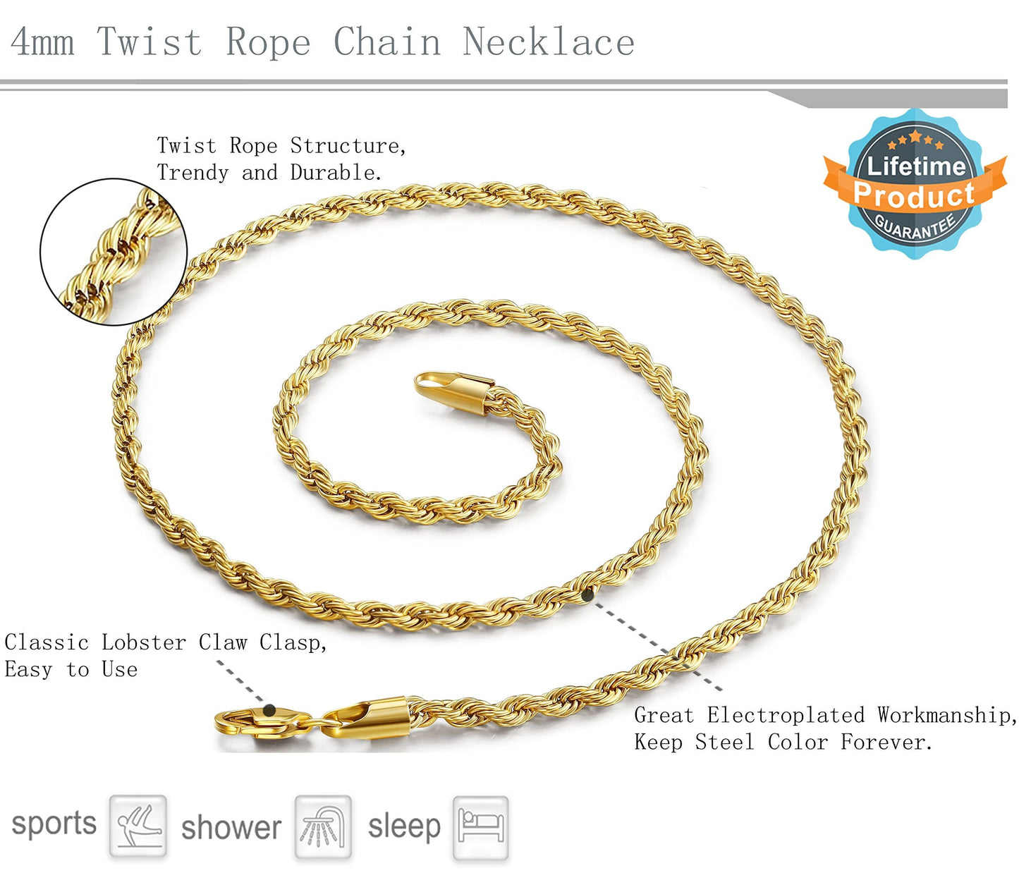 FIBO STEEL 4mm Stainless Steel Rope Chain Necklace for Men 22 inches Silver-tone