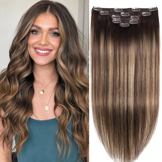 Hair Extensions Real Human Hair Clip in Hair Extensions Straight Remy Human Hair Extensions Clip ins Chocolate Brown to Caramel Blonde Clip in Extensions for Women Double Weft 16 Inch 5pcs