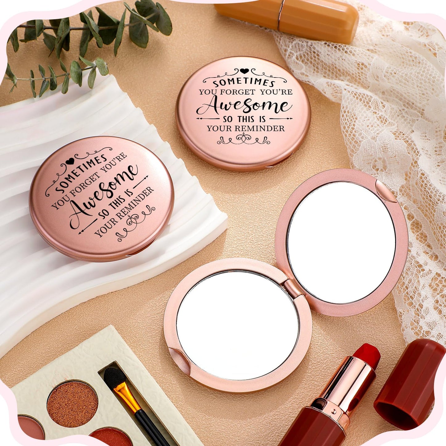 Soaoo 24 Set Inspirational Compact Mirror Bulk Metal Round Shell Sometimes You Forget Your Awesome Gifts for Women Appreciation Double-Sided Purse Mirrors Employee Coworker Wedding Gift