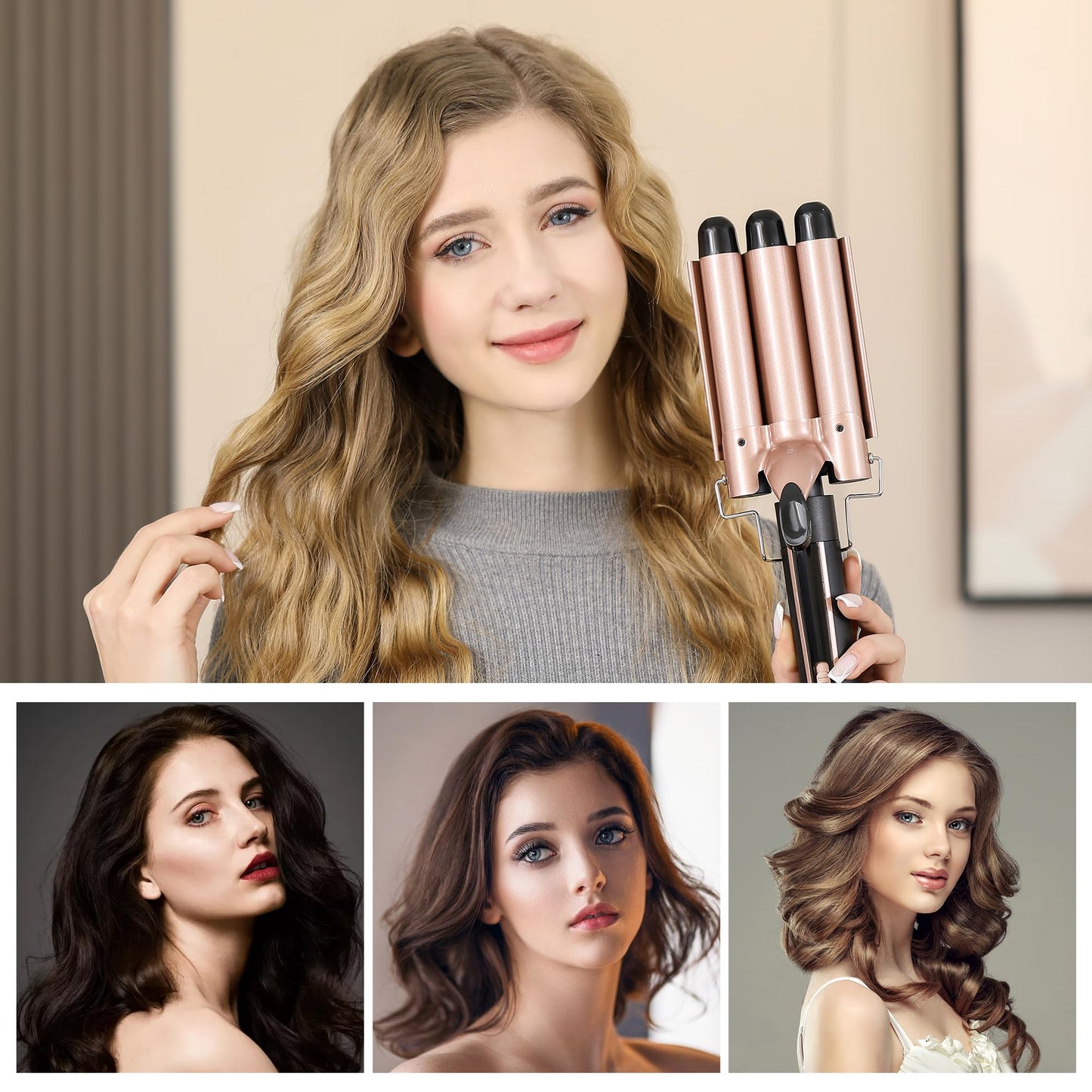 5-in-1 Curling Iron Set, Includes 3 Curling Irons and 4 Interchangeable Ceramic Barrels; Dual-Voltage Wavy Curling Iron; Comes with Protective Gloves and Hair Clips (0.3–1.5 inches), Rose Gold