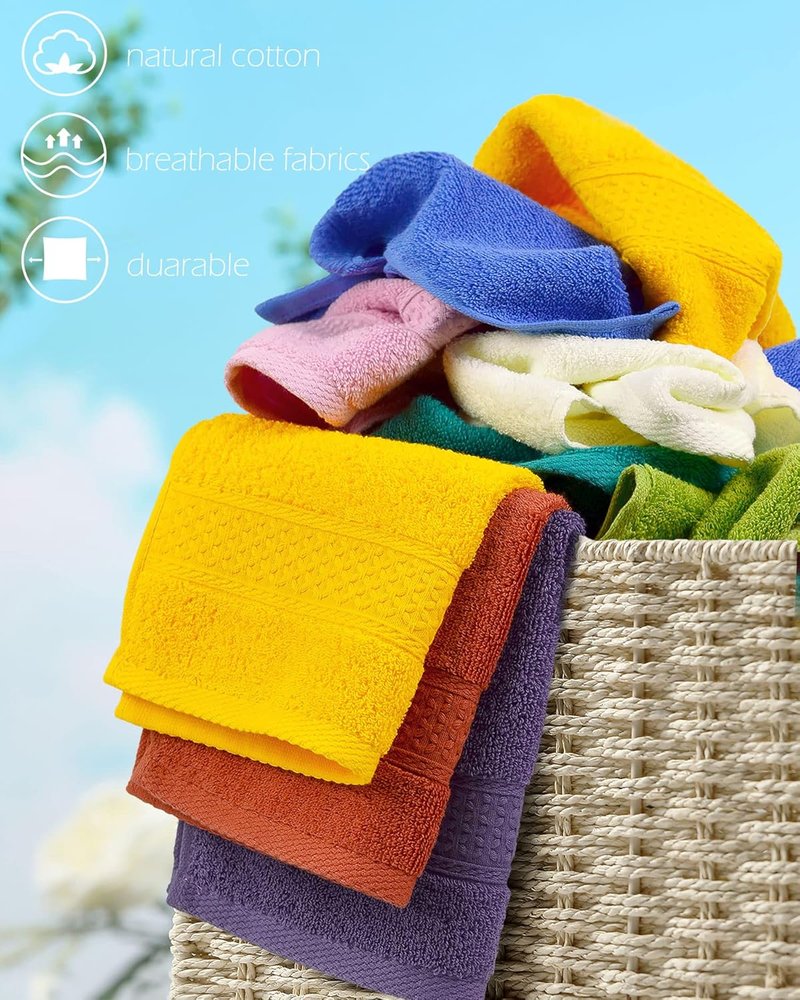Soft Cotton Wash Cloths - 24-Pack Large Shower Towels | 8 Colors, 13” x 13” for Bathroom & Guestroom