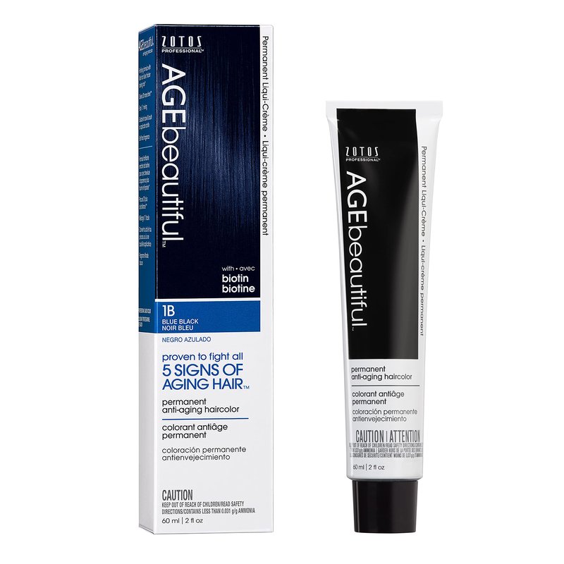AGE beautiful Permanent Hair Dye 1B Blue Black - Cool Blue Black Hair Color Cream with 100% Gray Coverage, Anti-Aging Biotin Formula for Thicker, Fuller Hair, Professional Salon Quality