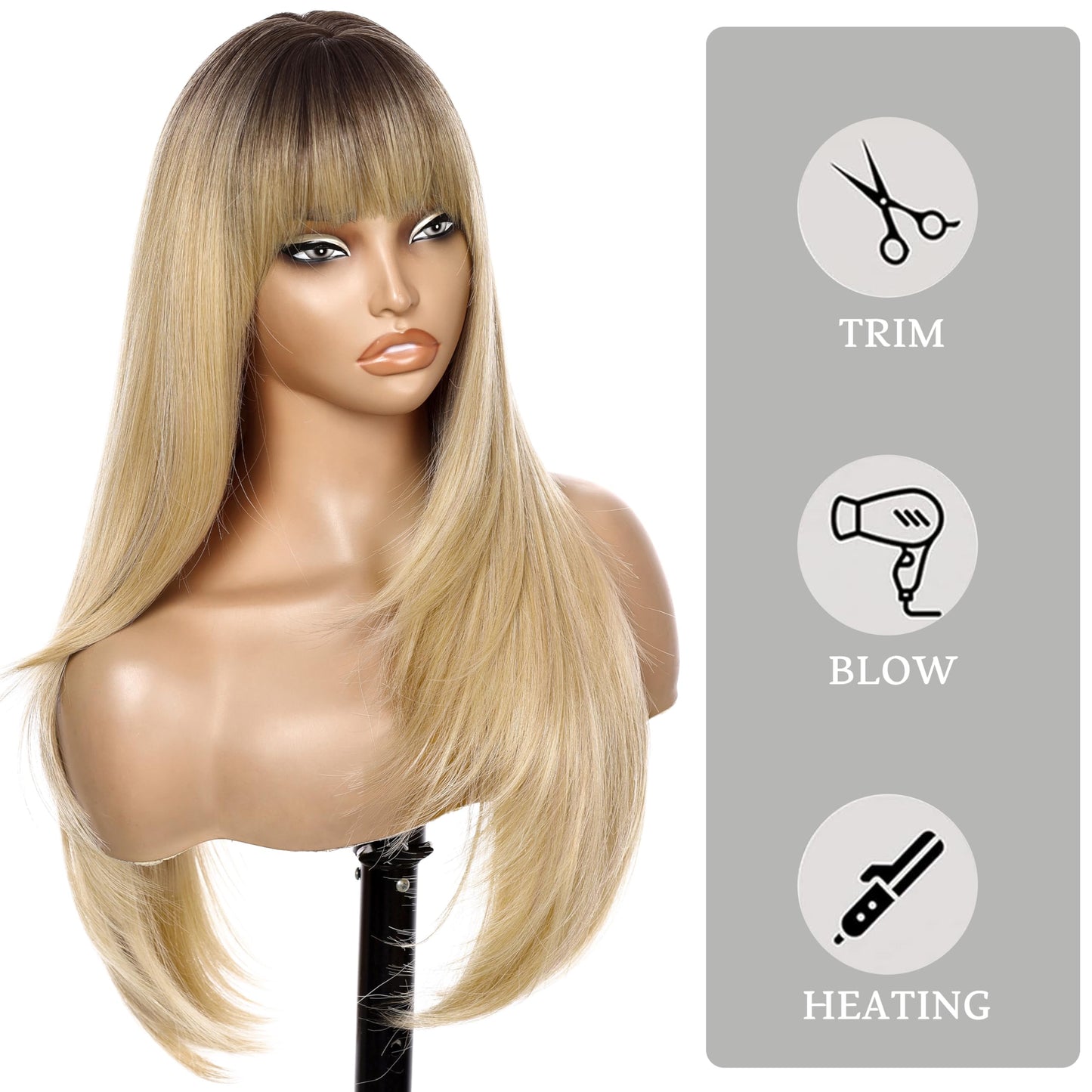 Nnzes Ombre Blonde 26-inch Long Wig with Bangs for Women - Straight Layered Style, Realistic Scalp, Freestyle Parting, Natural-Looking & Heat-Resistant Synthetic Hair for Daily and Party Use