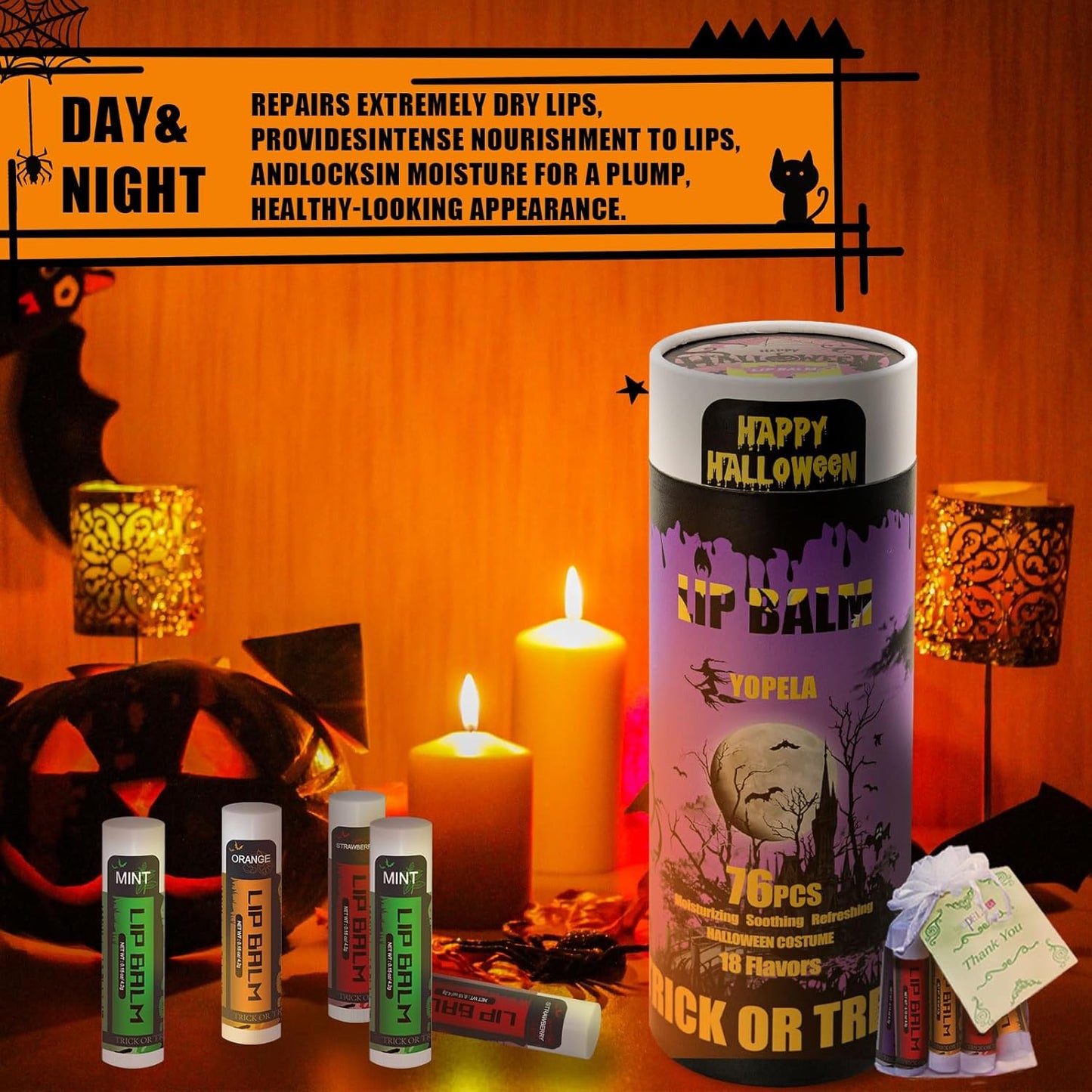 Yopela Halloween Lip Balm Set - 76 Packs of 18 Flavors | Moisturizing Chap Stick for Men, Women & Kids