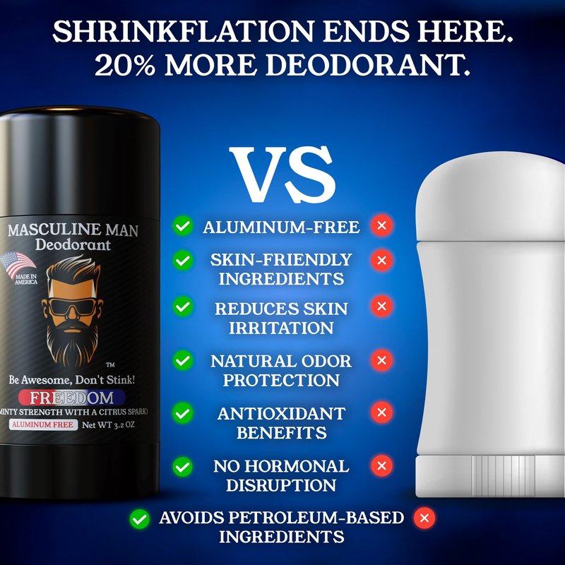 MASCULINE MAN Deodorant for Men - Aluminum Free Mens Deodorant - Natural Deodorants - Sweat Protection for Underarm - Stain-Free Stick Deodorants - Made in USA, 3.2oz (Pack of 2, Freedom)