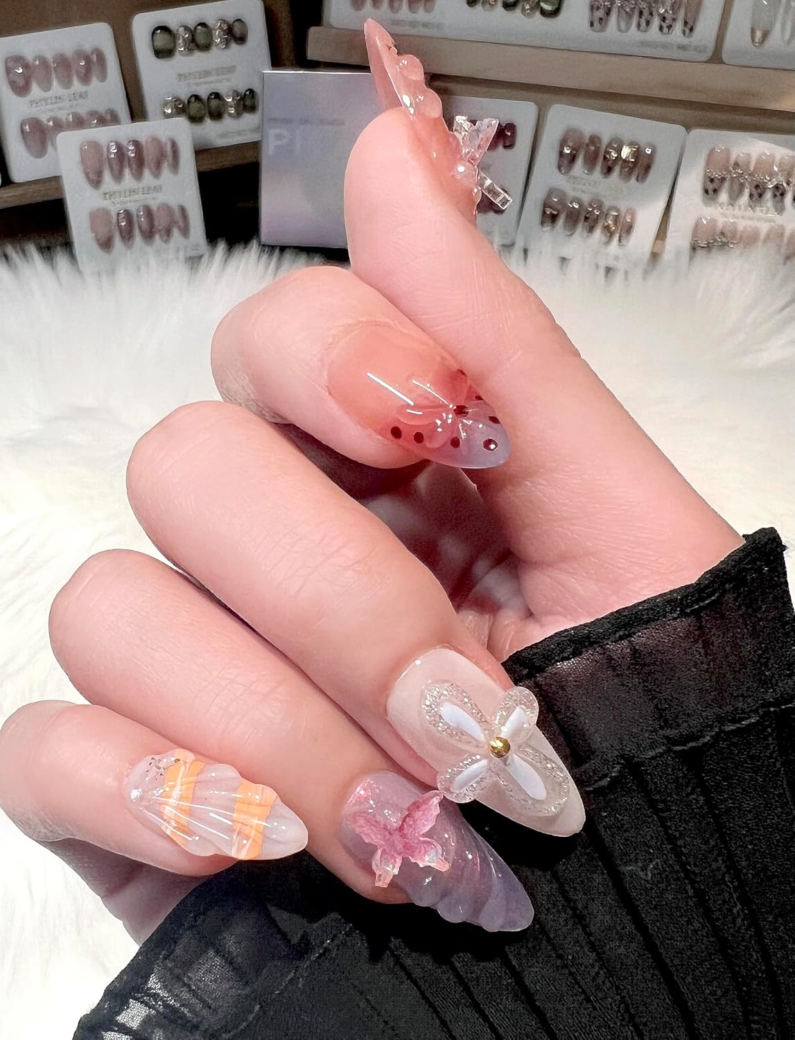 3D Sea Shell Press-On Nails - Handmade Medium Almond Beach Nail Art with Butterflies (L Size)